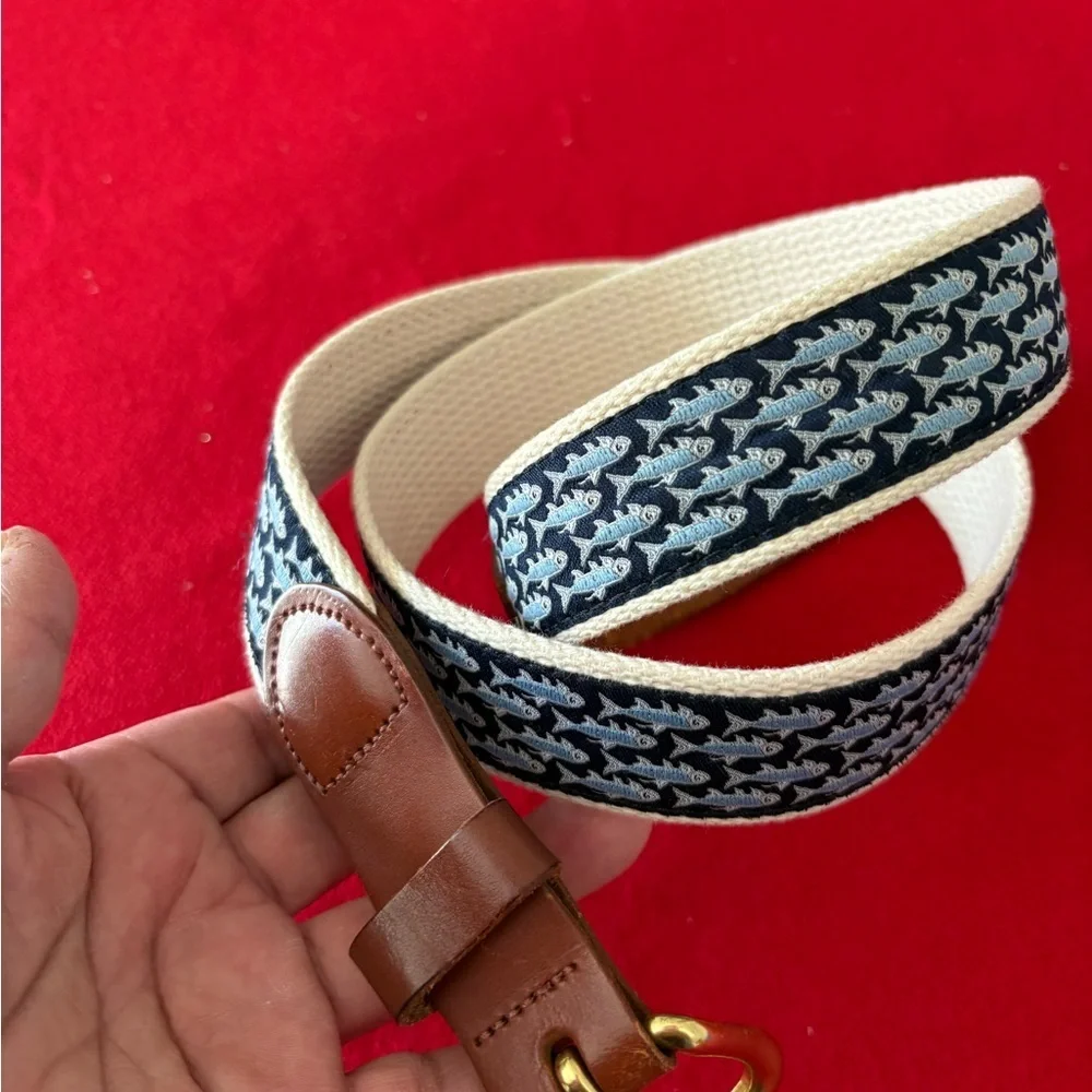 EUC Blue Fish On Navy Leather & Ivory
Canvas Belt . Leather Man USA - Picture 2 of 11